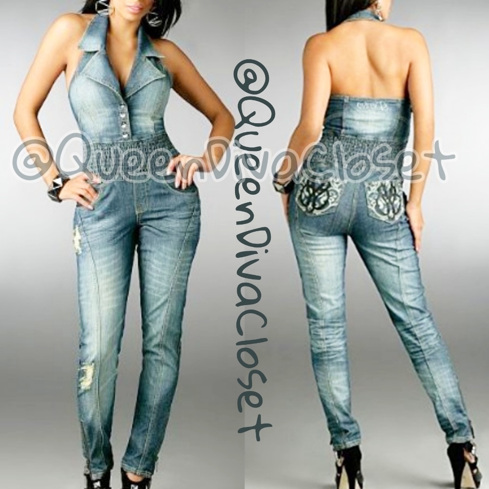 Dereon Super pie skinny denim jean jumpsuit romper